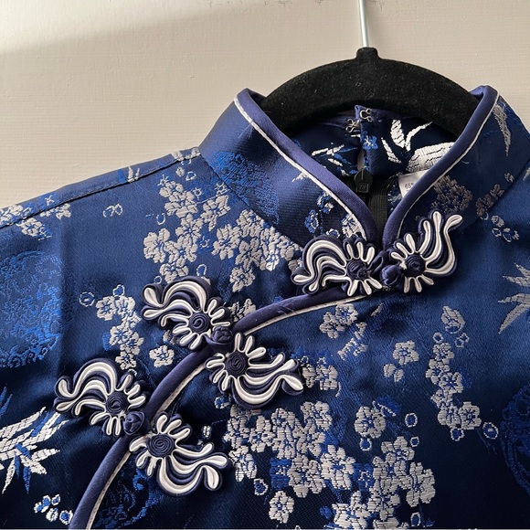 Navy Blue Silk Front Button Floral Print Chinese Short Sleeve Mandarin Collar - Picture 2 of 7